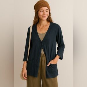 Flax Navy Blue Single Button Cotton Blend Cardigan Sz M-L EUC